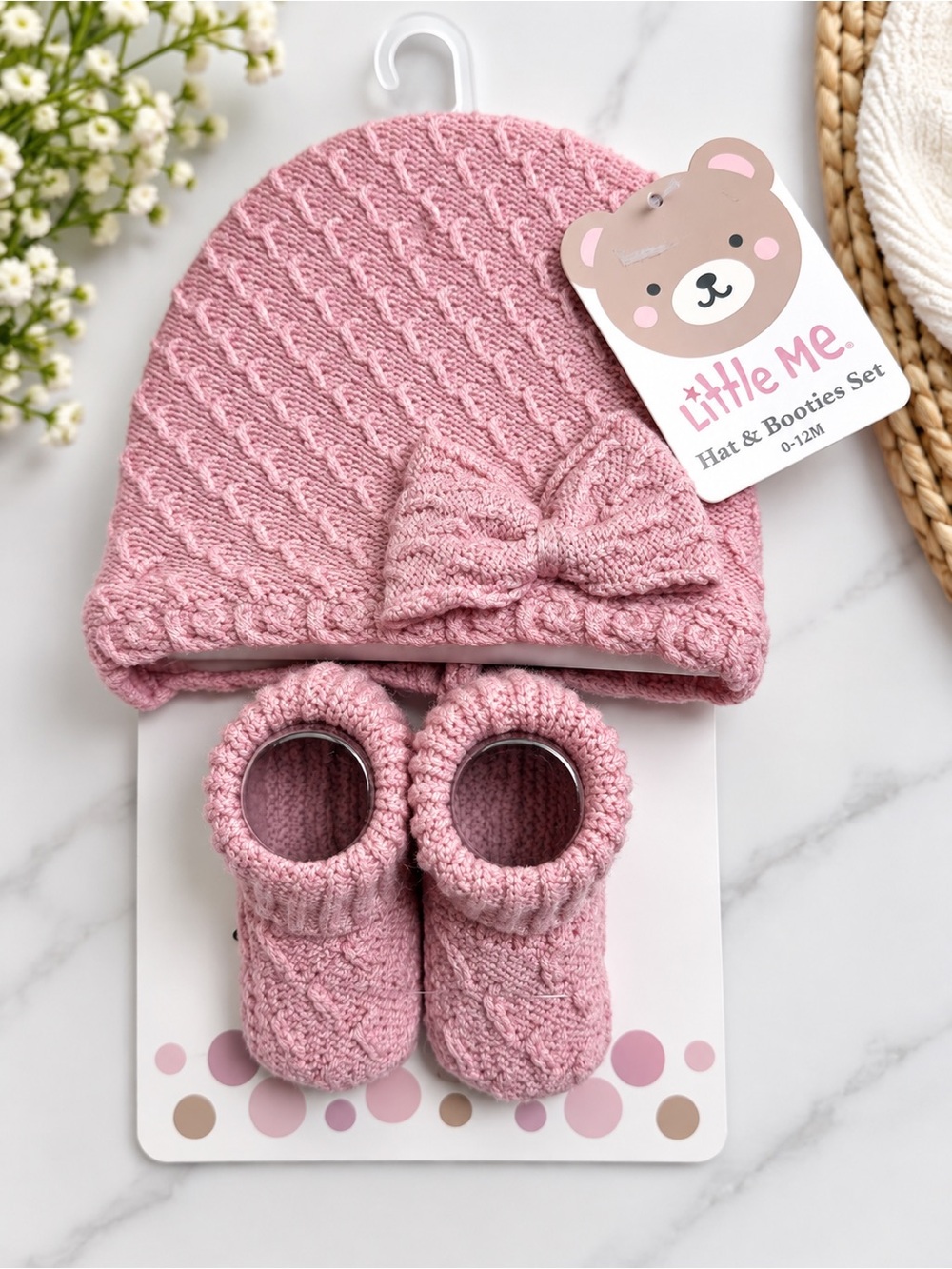 Little Me Baby Knit Hat & Booties Set in Pink with Bow 0-12 Months